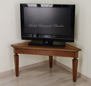 Classic triangular coffee table in walnut with olive inlays also suitable as a corner TV cabinet